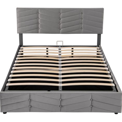 Letto contenitore idraulico 140 x 190 cm in velluto grigio con testiera regolabile (1/5)