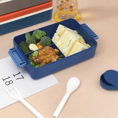 Bento-Box für Erwachsene und Kinder, Lunchbox mit Löffel und Gabel, robust und in perfekter Größe zum Essen im Restaurant (orange-blau) (1/4)