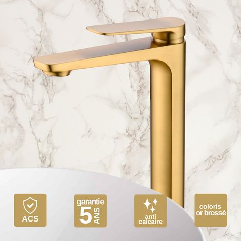 Robinet Mitigeur Lavabo Salle de Bain or brossé – Bec Haut Anti-Calcaire – Design Moderne - NAPOLES IMEX (1/4)
