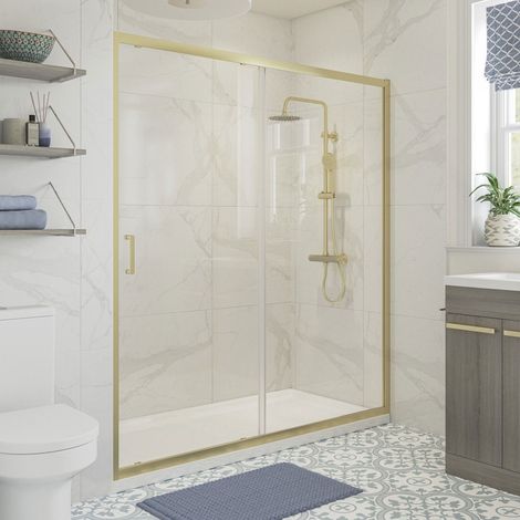 Signature Verve Brushed Brass Sliding Shower Door 1200mm Wide - 6mm Glass (1/3)