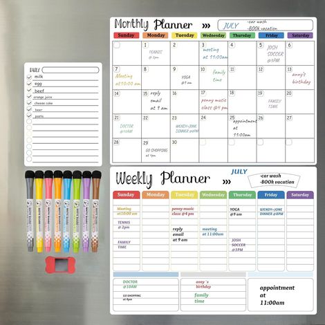 Trocken abwischbarer Kalender – Magnetischer Kühlschrankkalender – Monatskalender für den Kühlschrank. Whiteboard mit extra dickem Magneten, inklusive Feinmarker und Schwamm (Monats-, Wochen- und Tage