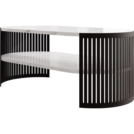 Mesa de centro Civer III, Negro + Mármol blanco, 40x50x100cm, Diámetro: 0, Aglomerado laminado, Ovalada