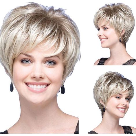 creamily Perruque Blonde Perruques Femme Naturelle Courte Avec Bangs Perruques De Cheveux Synthtiques Pour Femmes Blond Platine Ombr (1/5)