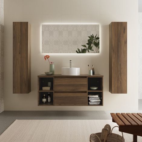Meuble de salle de bain BEQUIA Plus 120cm Noyer Vasque à poser Porcelaine Centrale (1/5)