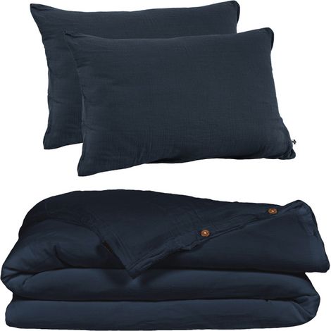 Parure de lit 240 x 260 cm en double gaze de coton bleu nuit - PEPA 2 (1/5)