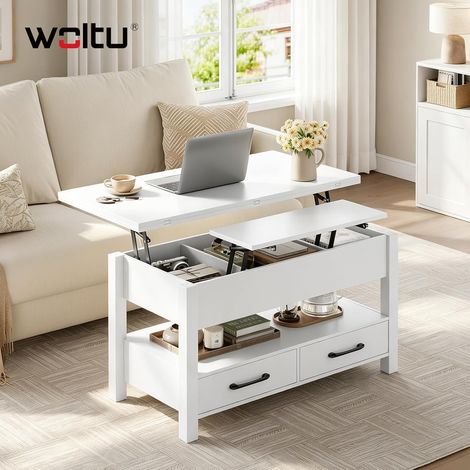 WOLTU Mesa de centro elevable, mesa de centro moderna elevable para sofá de sala de estar con almacenamiento oculto, compartimento abierto y 2 cajones, blanco