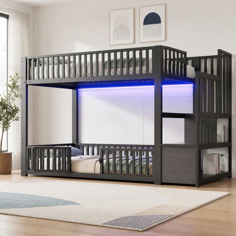 Lit superposé 90x200 cm métal MDF noir, LED et rangement, gain de place, sans matelas – MEUBLIV (1/5)