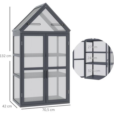 Châssis froid bois polycarbonate 70,5x42x132cm, 3 niveaux toit charnière intempéries (1/5)