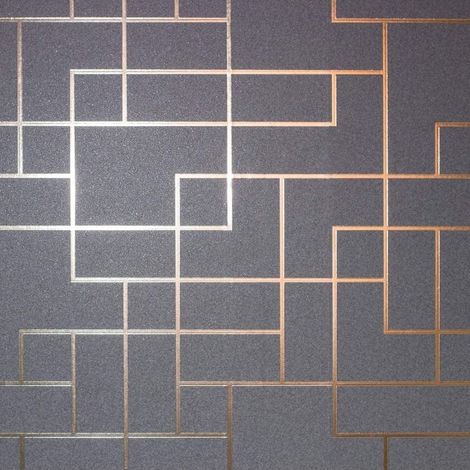 Metallic Foil Square Geometric Wallpaper Charcoal Rose Gold Fine Decor Platinum (1/4)
