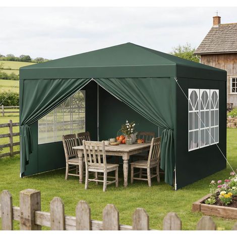 Carpa plegable 300x300x258 cm, impermeable y con protección solar, altura ajustable, metal y tela Oxford verde (1/5)