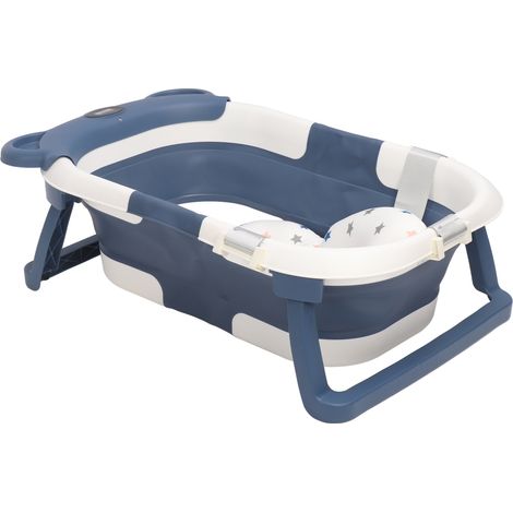 Baignoire bébé pliable avec capteur de température intelligent en temps réel, double pliage, portable et tapis de bain inclus (bleu foncé). (1/5)