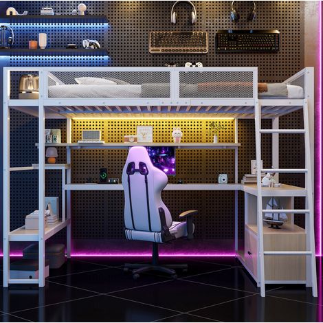 letto matrimoniale 140x200 con scrivania LED bianco OKMYHOME (1/5)