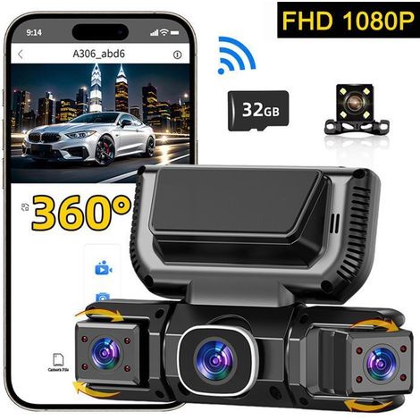 Dashcam Voiture Avant Arrière 4 Canaux 360 ° 1080P FHD Vision Nocturne Infrarouge 32Go,Ligne radar OBD, garde de stationnement