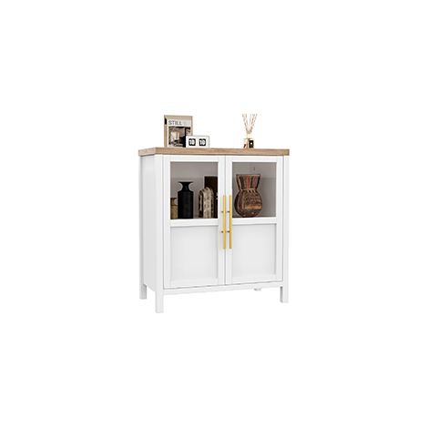 Buffet d'entrée Moderne 74cm, 2 Portes Vitrées, Style Ferme, Blanc et Bois (1/5)