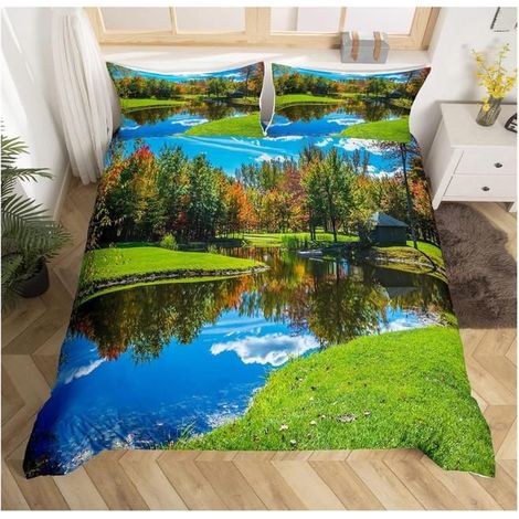 Nature Style Housse de Couette Arbre Rivière Herbe Parure de Lit 240x260cm Amoureux de Paysages Naturels Ensembles - 3ZK (1/4)