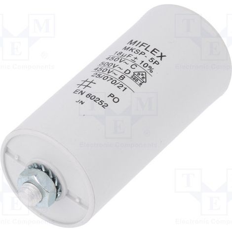 Condensador Trabajo Motor Motor 18uF 450Vac 40x70mm Terminales FASTON Y M8  12AG011