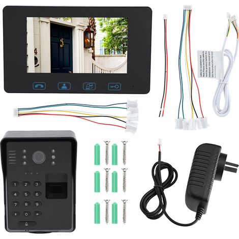 Sonnette vidéo avec empreinte digitale 7 pouces, 2,4 GHz, interphone filaire numérique, visiophone de porte, prise AU (1/5)