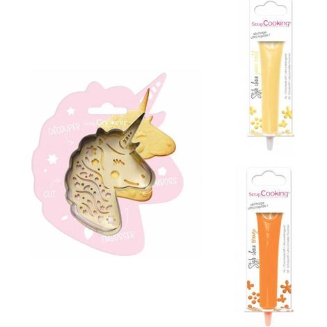 Kit pour biscuit en relief Licorne + 2 Stylos au chocolat jaune pastel et orange