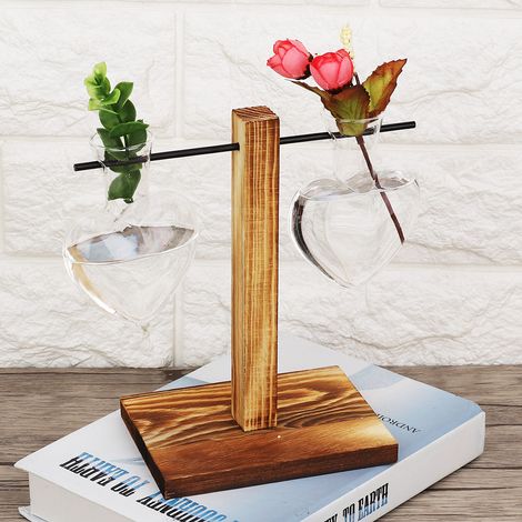 Glasvase mit Holzständer, herzförmig, für Hydrokultur-Pflanzen, Tischdekoration (1/5)