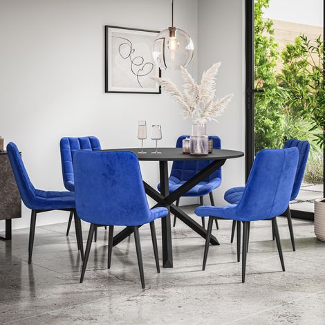Malvern Round Dining Table And Chairs - Black Table Top w Solid Black Oak Legs + Nova Velvet Dining Chair Set Of 6 (Blue)