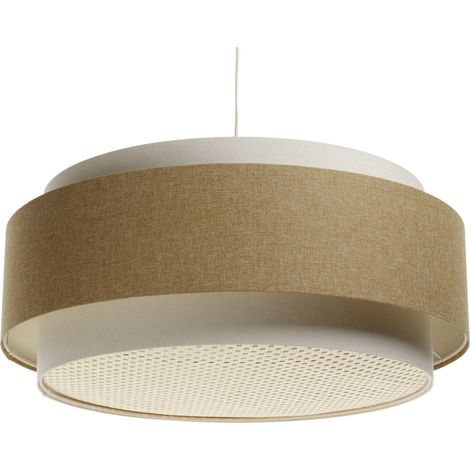 Suspension boho chic tissu et rotin lumière douce ajustable - Beige crème et rotin naturel (1/5)