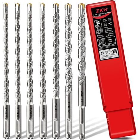 SDS PLUS Concrete Drill Bit for Drill Bit 210mm7PCS (Ø 6,8,10,12,14 mm) with Cross Head Steel Metal 4 Edge Geometry for Brick, Concrete, Stone (1/5)