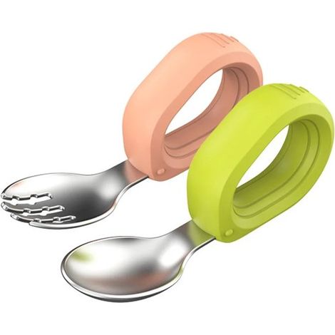Posate per bambini - Set forchetta e cucchiaio per neonati - Posate per bambini in acciaio inossidabile - Senza BPA - Per l'autoalimentazione - Lavabili in lavastoviglie (arancione + verde) (1/5)