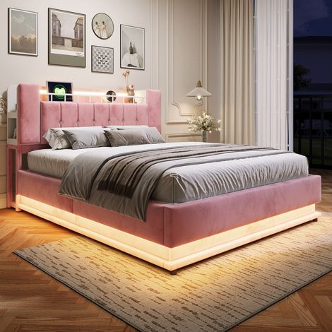Lit coffre 160x200 cm avec tête de lit avec rangements, éclairage LED, ports USB, sommier à lattes, lit double rembourré en velours - Rose (1/5)