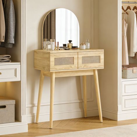Coiffeuse avec miroir arrondi et 2 tiroirs avec façade en rotin pour petits espaces naturel