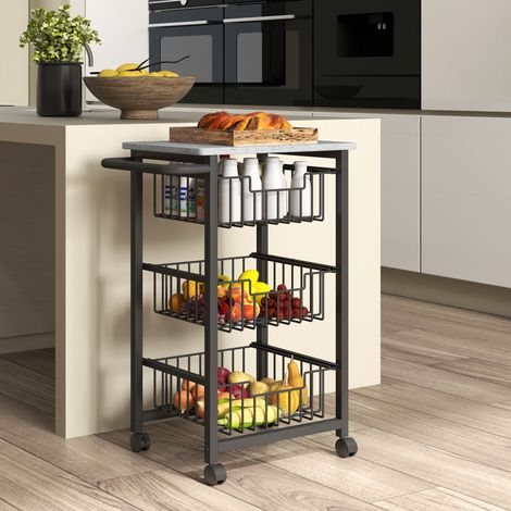 Carro de almacenamiento de 4 niveles, con ruedas, 3 cestas deslizantes y bandeja, 49,5 x 31 x 69 cm, gris claro/negro
