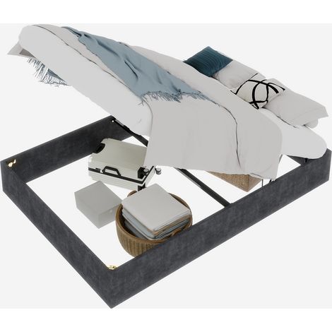 Lit Plateforme 140 x 200 cm en Tissu et Métal, Lit Double à Soutien Multiple, sans Tête de Lit ni Matelas, Gris (1/5)
