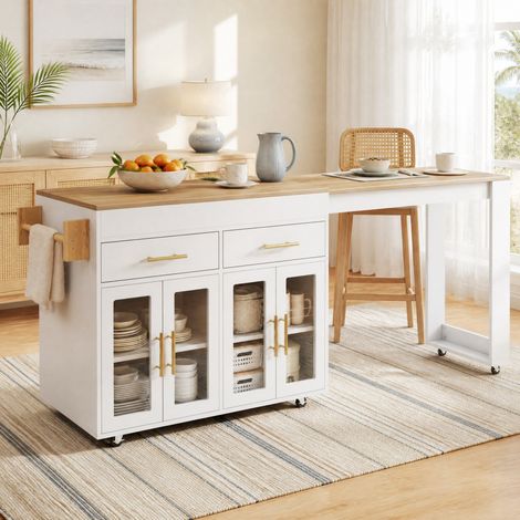 Îlot de cuisine à roulettes avec table escamotable, rangements, tiroirs et portes vitrées, meuble bar mobile blanc, 132,5-217 x 50 x 93 cm - CHICFURN (1/5)
