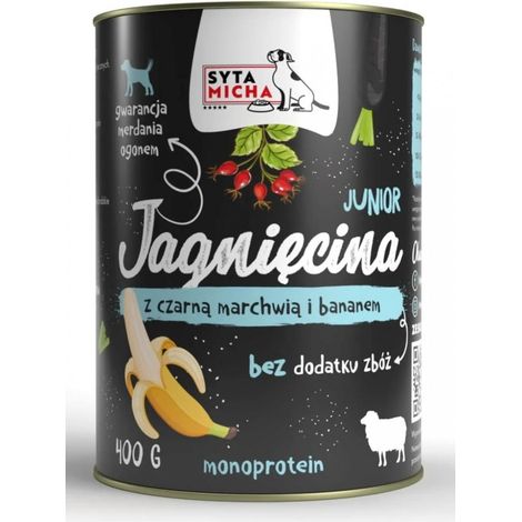 SYTA MICHA cibo umido per cani al gusto di agnello con carota nera e banana, 12 confezioni da 400 g