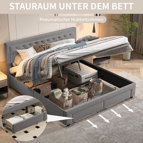 Bett 160x200 mit Lattenrost, Bettkasten 160x200 mit Lattenrost, Design-Bett in Grau Samt, bequem mit gepolstertem Kopfteil und Stauraum (1/4)