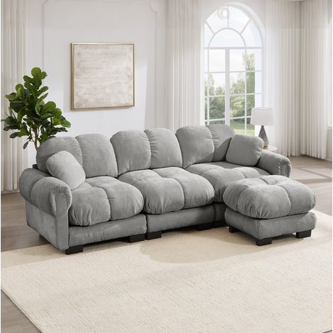 Divano chaise longue 3 posti, a L, in ciniglia grigio chiaro, con ottomana mobile HAVRYA (1/5)