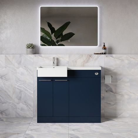 Napoli 250 Deep Blue 1000mm 2 Door Vanity Unit Toilet Suite with Left Hand Square Rico Semi Recessed Basin - 1000mm - Chrome 160mm HandleWithout Kingston Toilet Pan