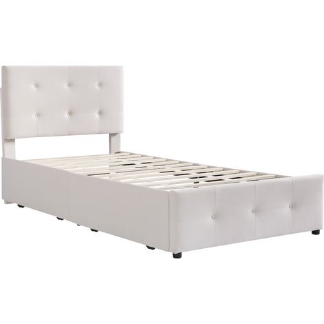 Lit rembourré en velours beige 90x200 cm avec sommier à lattes et tiroir de rangement (1/5)