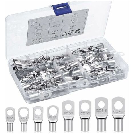 Cosse à Sertir Kits Cosses Electriques 6mm² 10mm² 16mm² 25mm² Cosses de Câble à Anneau Bornes en Cuivre Etamé Connecteurs SC pour Batterie Voitures, Automobile, Motos(120Pcs) (1/5)