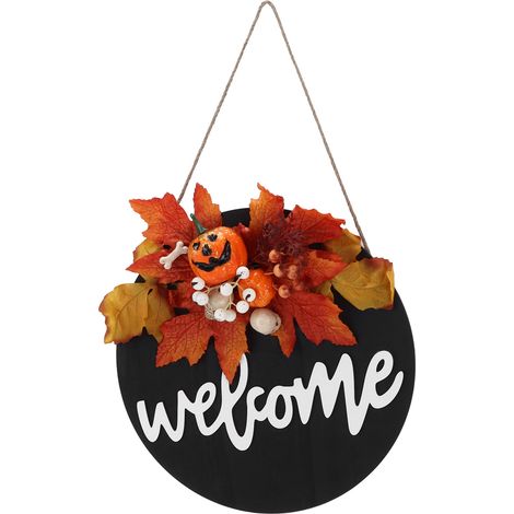 Rundes Türschild aus Holz im Landhausstil, Willkommensschild für die Haustür, Dekoration für Halloween und Weihnachten, Ahornblatt-Skelett (1/5)