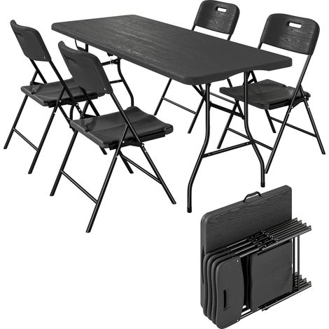 5-teiliges Camping-Tisch- und Stuhlset bestehend aus einem Klapptisch und 4 Stühlen, aus schwarzem HDPE und Metall