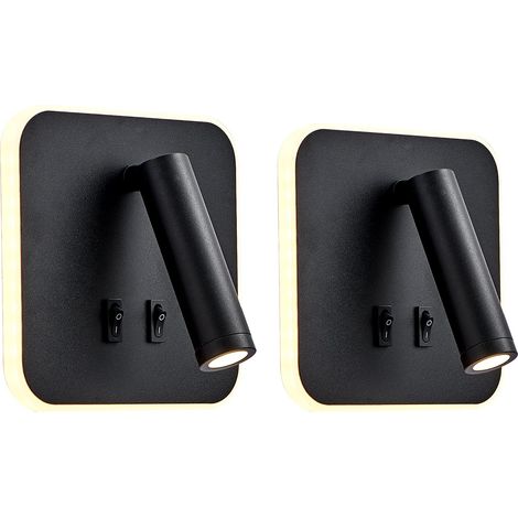 Applique LED, applique de lecture de chevet, liseuses murales LED 12W, spot orientable （3W + 9W 3000K lumière chaude） (Noir carré 2PCS) (1/5)