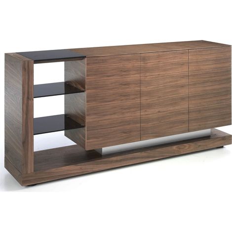 Buffet bois étagères en verre teinté noir 3 portes insert acier poli pieds bois - Noyer, noir (1/4)