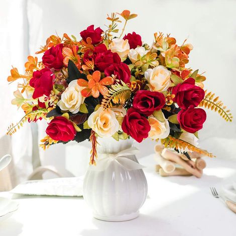 Fleurs artificielles avec Vase en Soie pour Mariage, Maison, Bureau, fête, Salle de réunion, Rouge 1 (1/5)