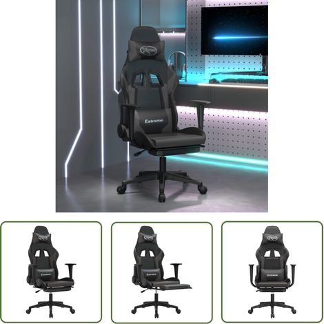 Fauteuil gamer Chaise de bureau - Fauteuil de jeu avec repose-pied Noir et gris Similicuir BonneVie-77362 (1/5)