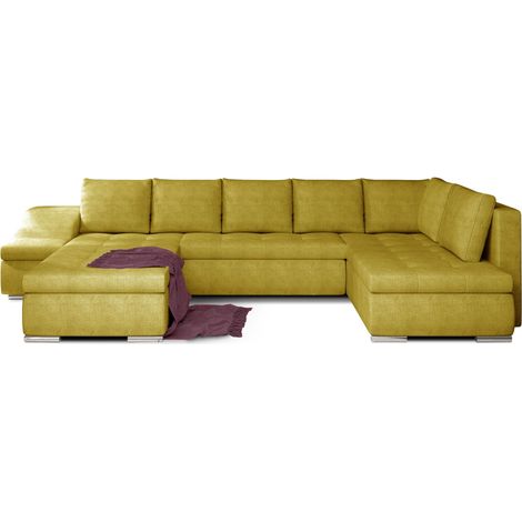 Canapé panoramique convertible JONAZ tissu - Rangement integré A gauche-Jaune olive-Méridienne A gauche (1/5)