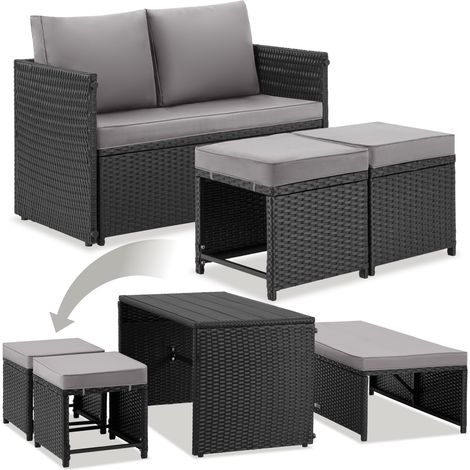 Ensemble salon jardin rotin 2 en 1 modulable noir 110cm