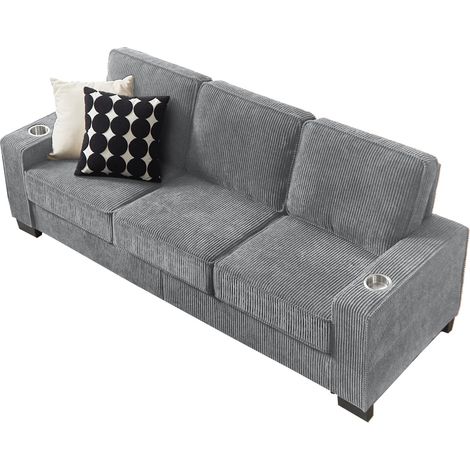 CHICFURN Canapé 3 places gris en velours côtelé, sofa droit moderne avec accoudoirs larges et porte-gobelets intégrés, confort ergonomique pour salon (1/5)