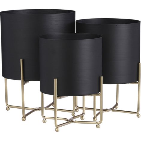 Lot de 3 Porte-Plantes sur Pied en Métal Cache-Pots Intérieur Design Moderne Noir et Doré - PANGIVO (1/5)