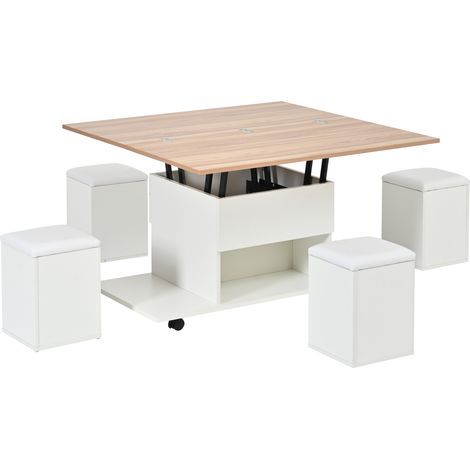 Table basse réglable en hauteur 3 en 1 avec rangement, 100x50x48 cm, blanc et bois, avec 4 tabourets et roulettes (1/5)