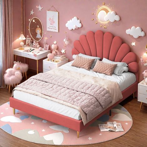 Lit enfant 140x200 avec tête de lit florale, Cadre de lit avec sommier à lattes, pour adultes et adolescents, bordeaux velours lit capitonné (1/5)